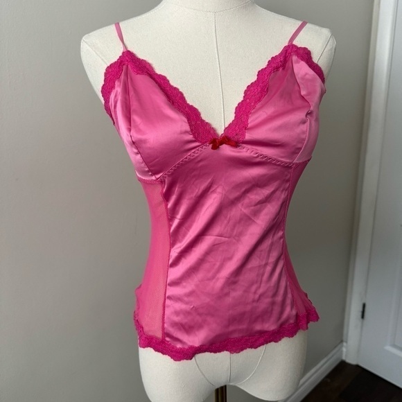 Coquette vintage Y2K Lolita Barbie Pink Dup Tone satin  lace trim top M - Picture 3 of 6